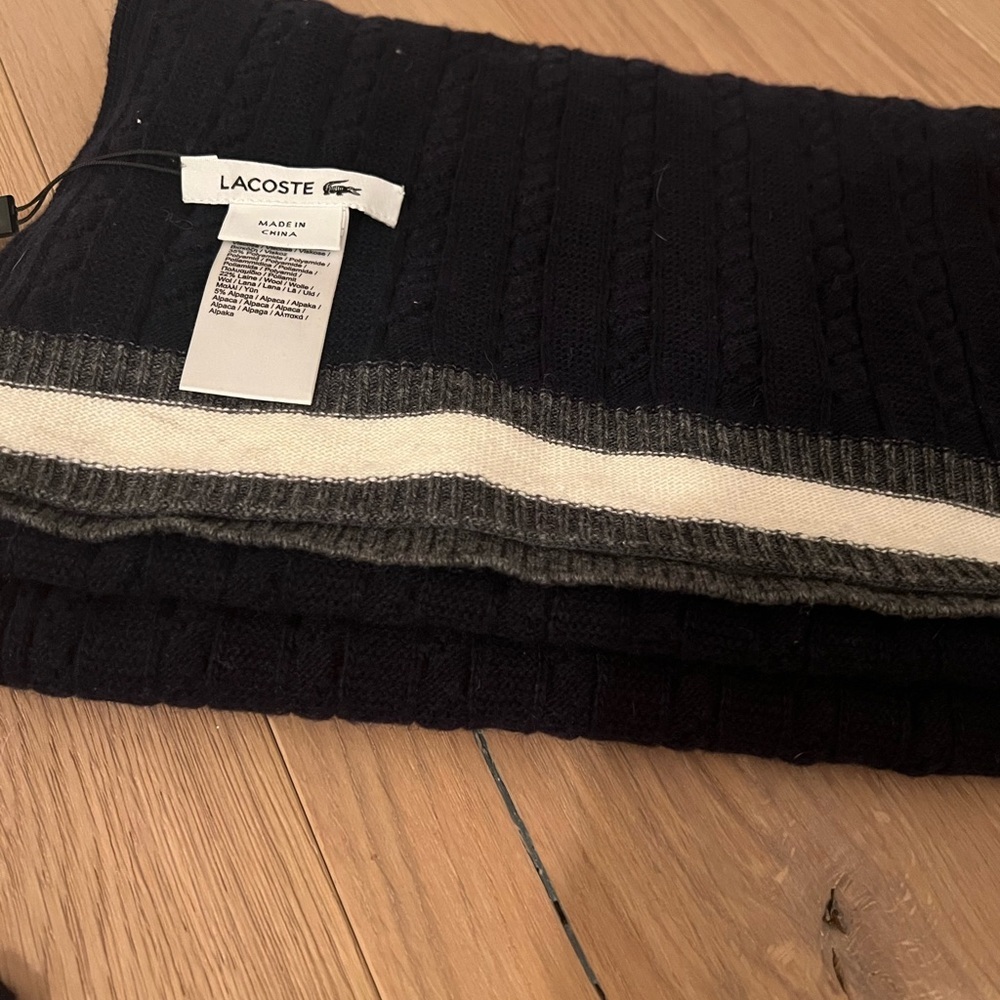 Lacoste Navy stripe wool angora blend Scarf and gloves set unisex nautical - Picture 4 of 7
